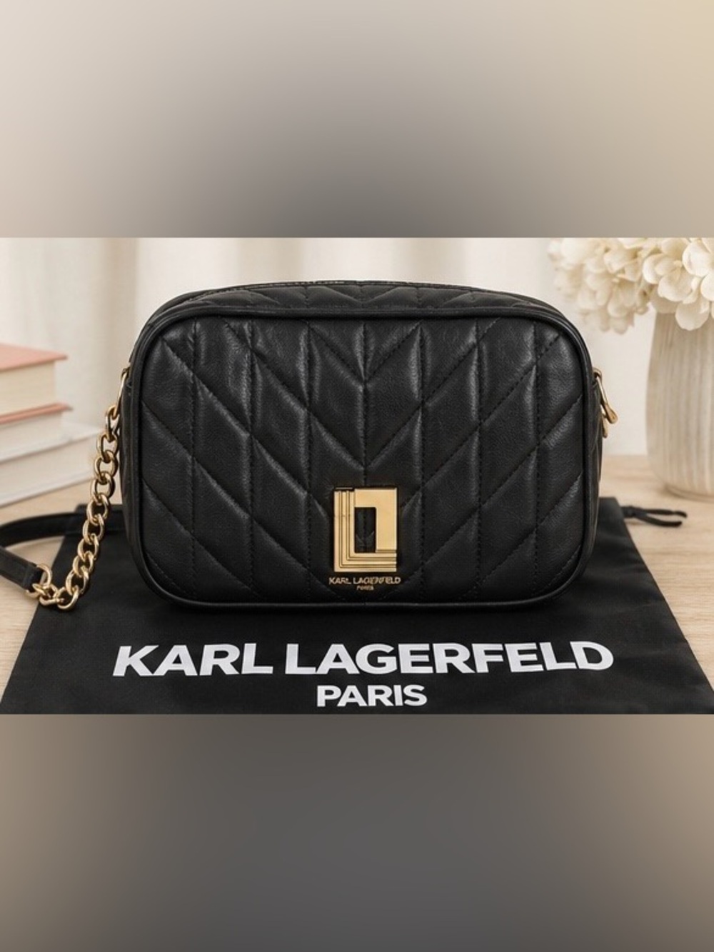 Karl Lagerfeld Black Quilted Crossbody with Gold Logo Accent